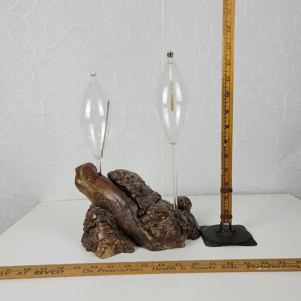 Vintage Oil Candle Lamp Burl Root Designs Glass Lantern Wood Base MCM Retro
